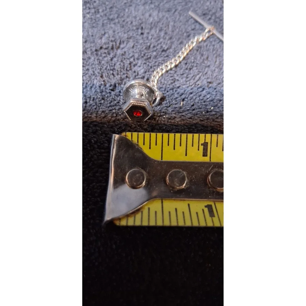 Hickok USA Vintage Tie Tac Silver Tone Hexagon Red Rhinestone T-Bar